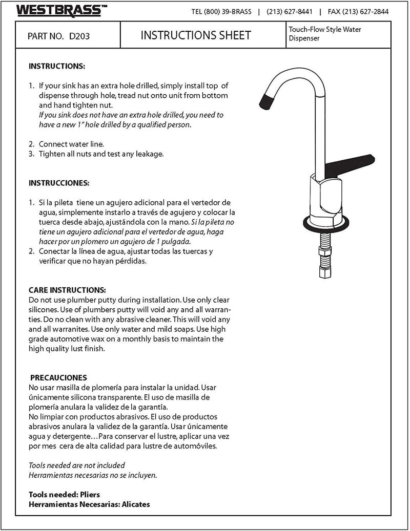 Westbrass D203-NL-26 6" Touch-Flo Style Pure Cold Water Dispenser Faucet, 1-Pack, Polished Chrome - Image 5
